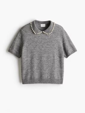 H&M Gray Beaded Peter Pan Collar Knit Sweater Top Short Sleeve Size L